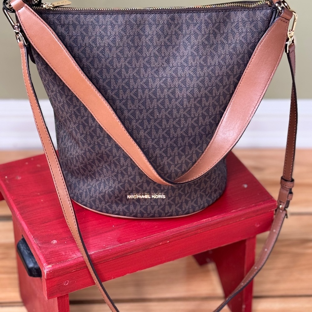 Michael Kors Brown Logo-Print Bucket Crossbody with Tan Trim